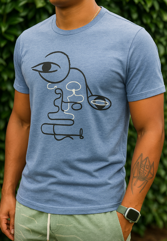 Person wearing a blue t-shirt with a black abstract design against a green leafy background